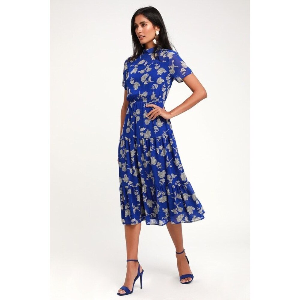 Lulus Floral Dressed Up Royal Blue Floral Print Midi Dress - Size XL